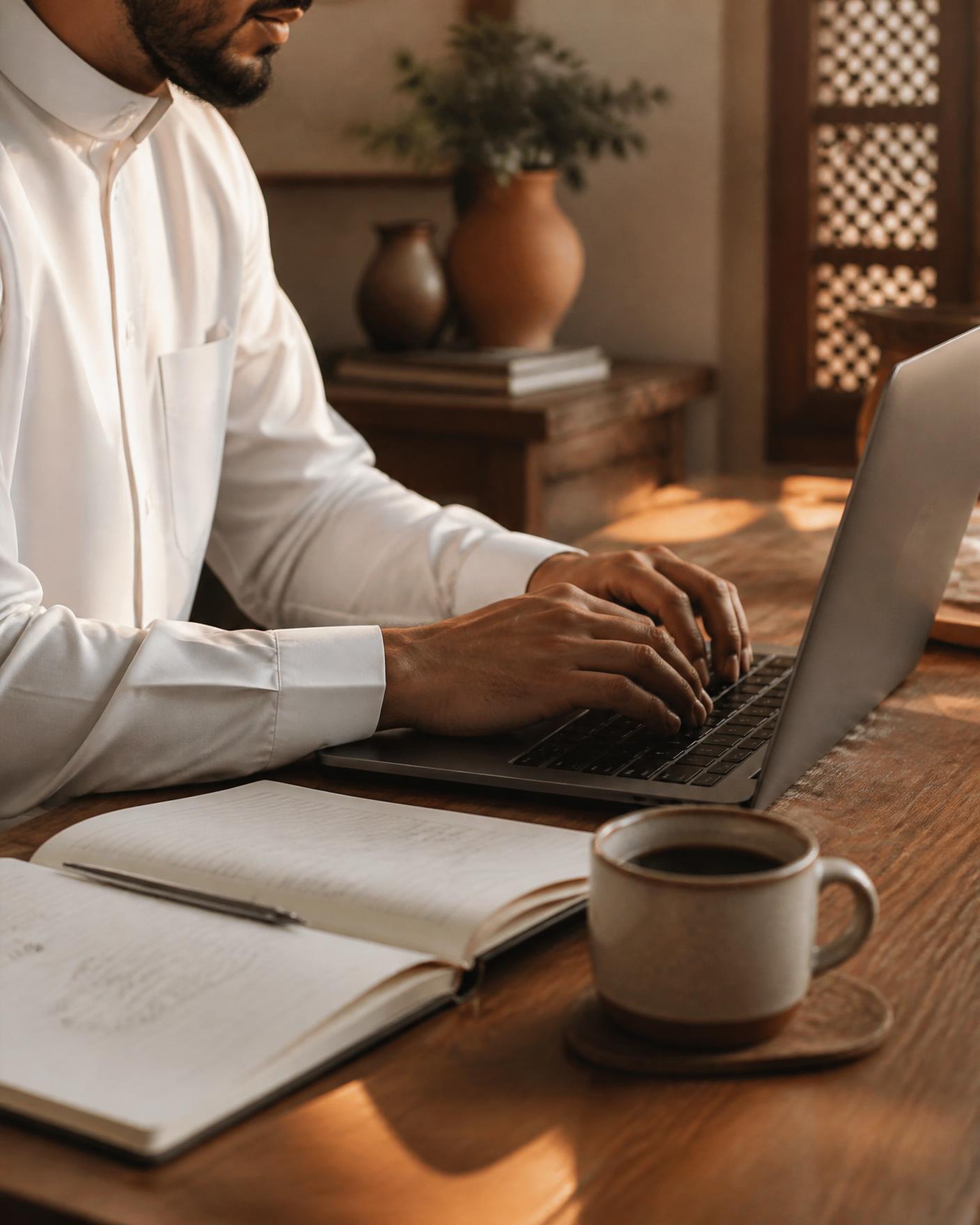 Walid Mouallem at his desk — hands on laptop, notebook and coffee in warm light