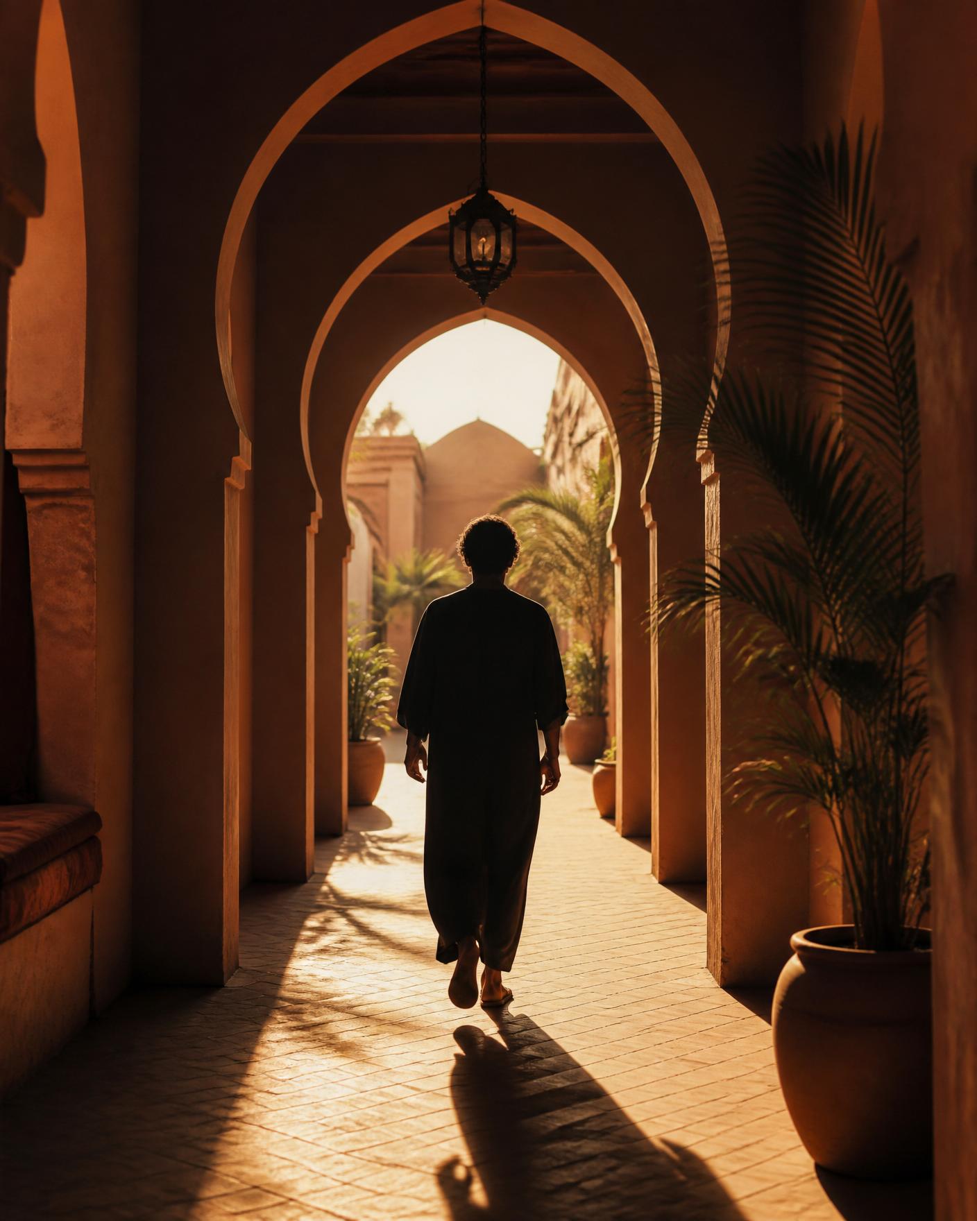 Person walking through a warm arched MENA corridor at golden hour
