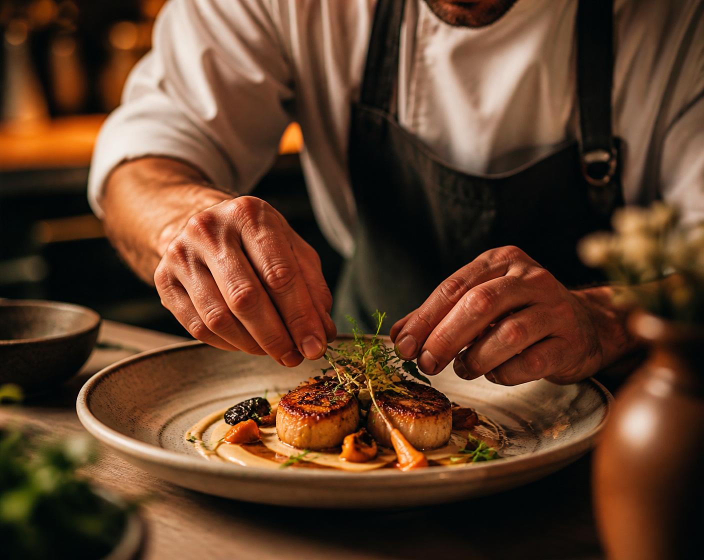 Chef plating a warm dish